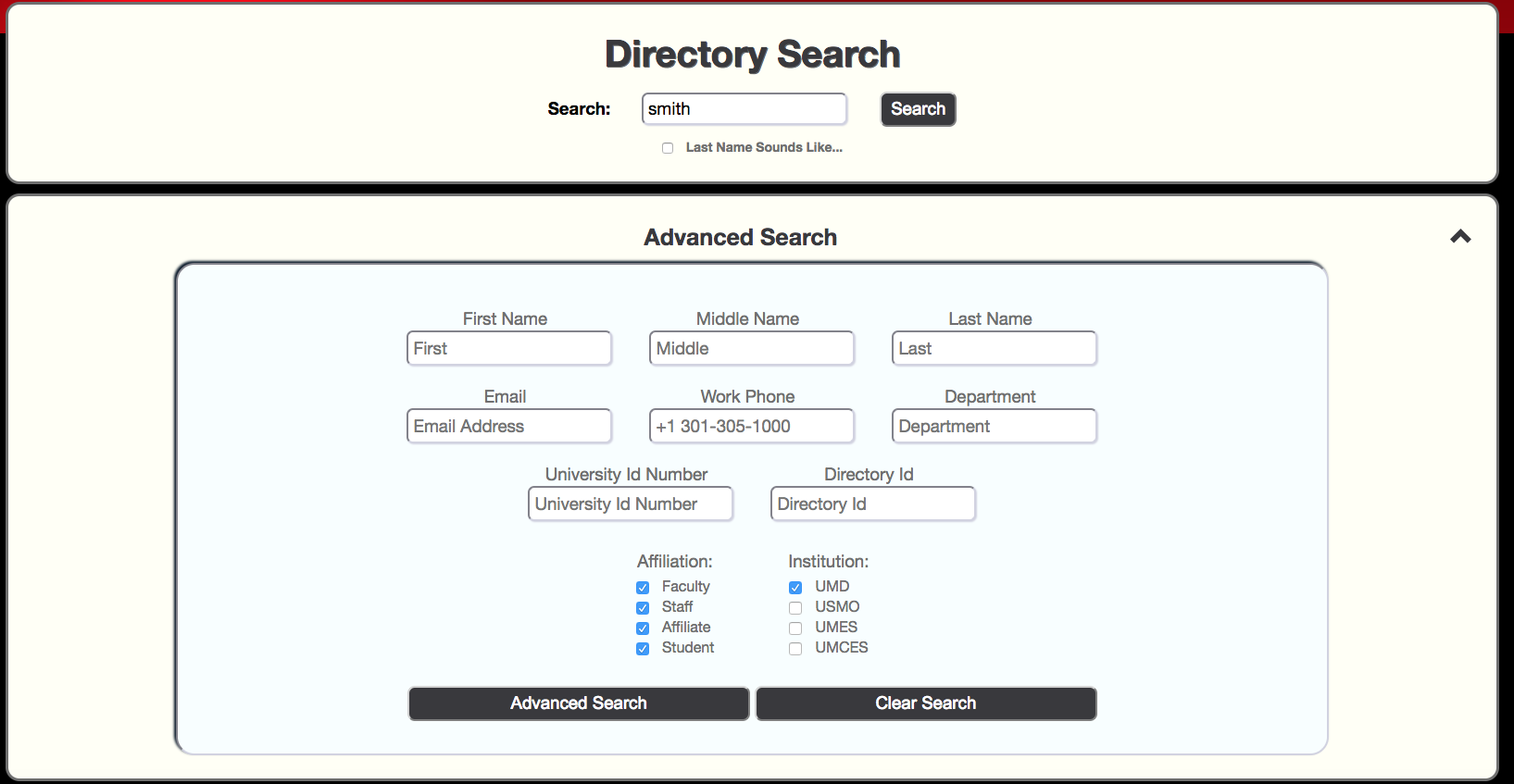 Advanced Search options expanded on Directory search page