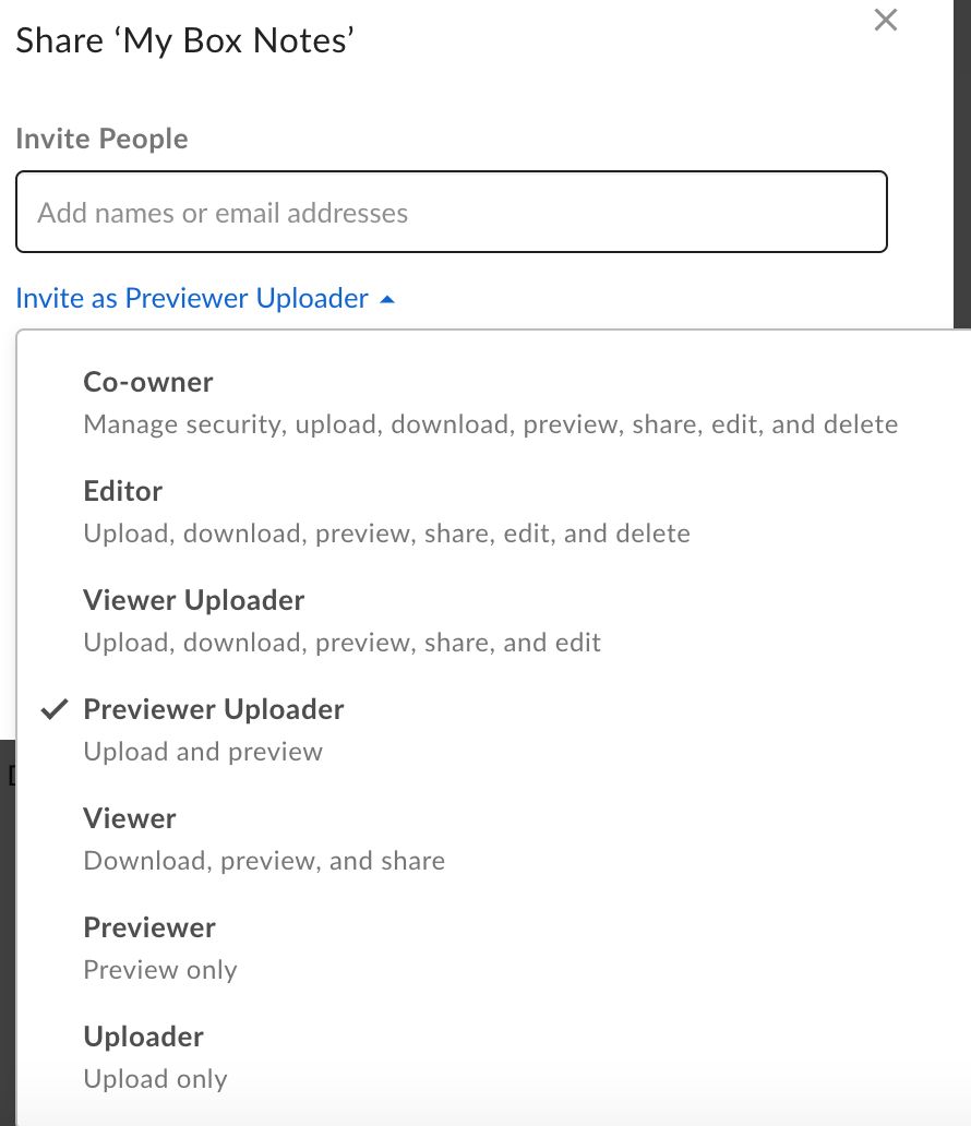 Box file sharing screen. The Previewer Uploader role is selected.