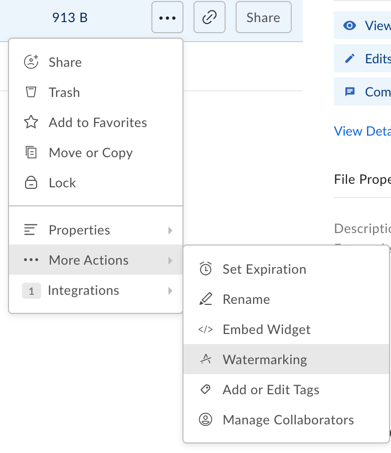 Click on More Actions in the Action Button drop-down menu to enable Watermarking