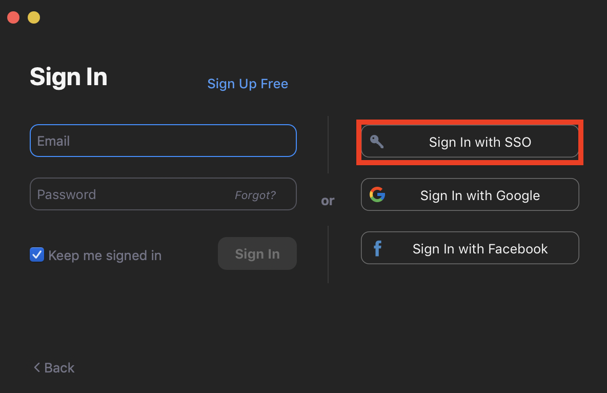 Zoom Desktop App Login screen