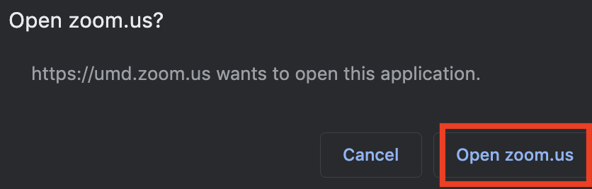 Open Zoom.us prompt with focus on Open zoom.us button.