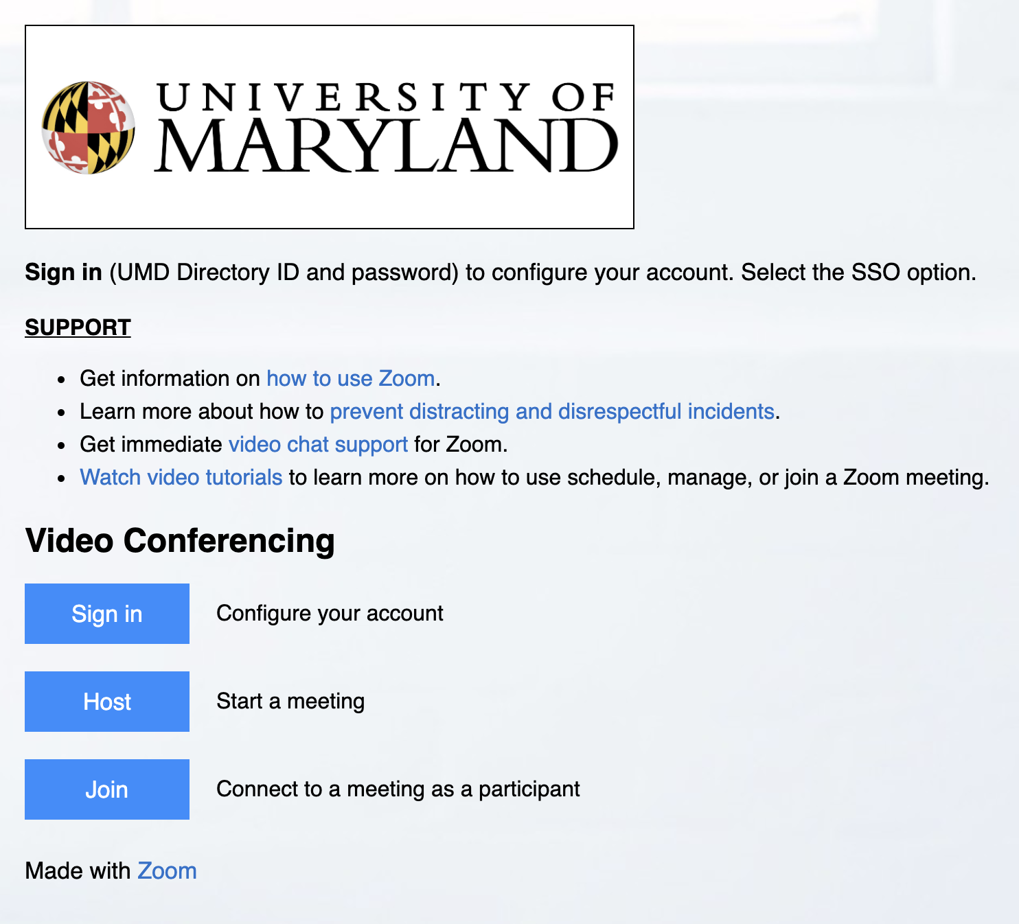 UMD Zoom Home screen